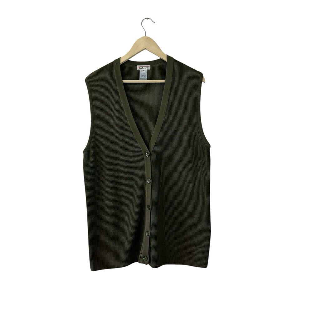 Vintage Talbots Medium Sweater Button Cardigan Vest Tunic Green Cotton Womens